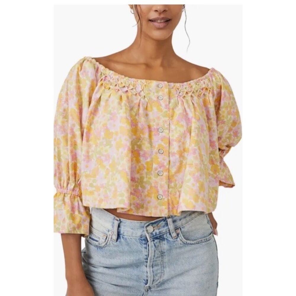 Free People James Crop Top Floral Button Front Sunny Combo Smocked Boho XS